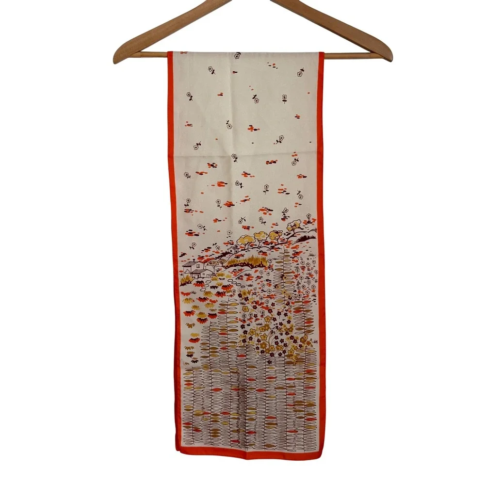 Vintage Cottage Landscape Floral Scarf‎ Womens Orange Retro Mid Century Modern